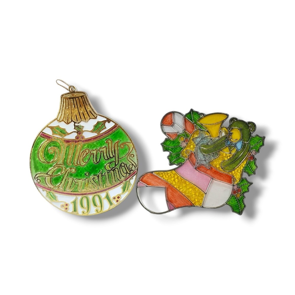 Set of 2 Vintage LARGE Plastic Stained Glass Christmas Ornaments SUNCATCHERS